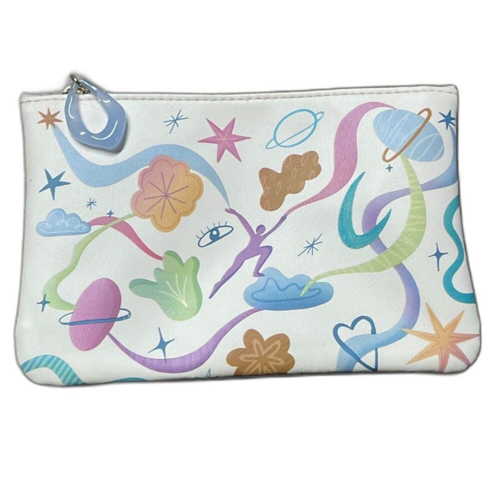 Ipsy Cosmic Makeup Bag – Cream with Colorful Cute Celestial Design & Pink Lining